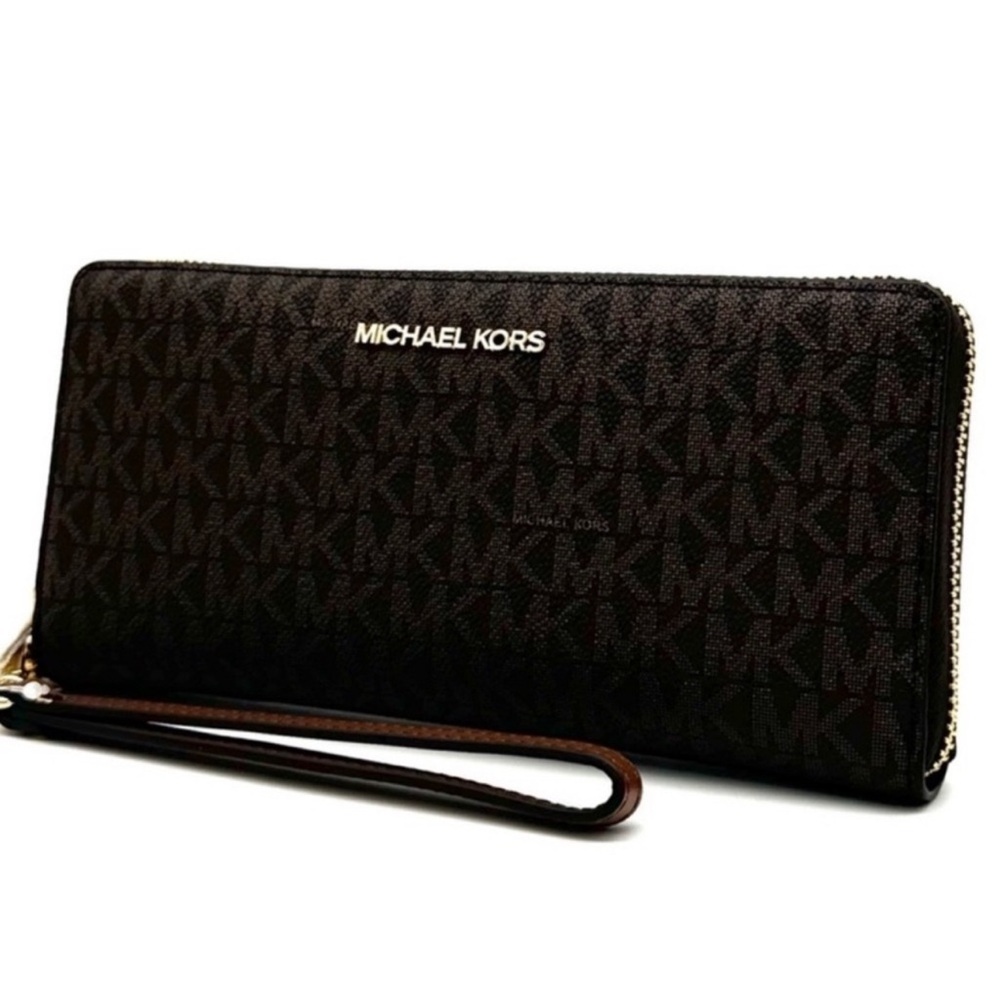 Michael Kors Large Jet Set Travel Continental Wallet Wristlet Brown Signature